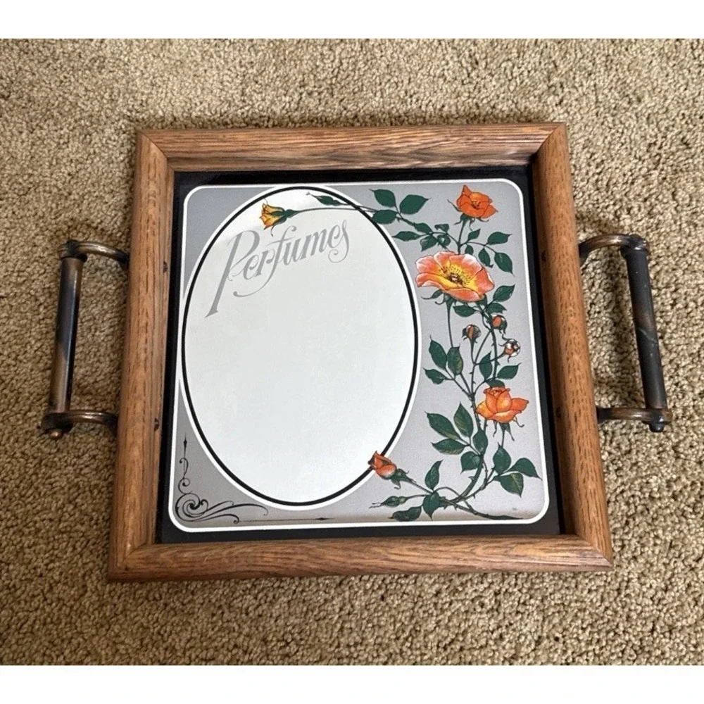 Vintage Hensley Company Perfumes Roses Mirror Tray with Handles Wood‎ Frame